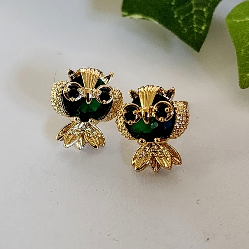Gold Filled and Emerald Green Owl Stud Earrings